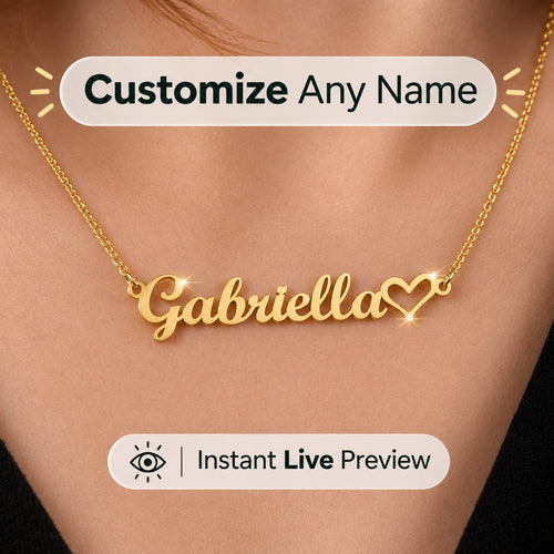 A close-up of a person's neck wearing a gold nameplate necklace that reads 'Gabriella' with a heart at the end. Promotional text overlays say 'Customize Any Name' and 'Instant Live Preview'.