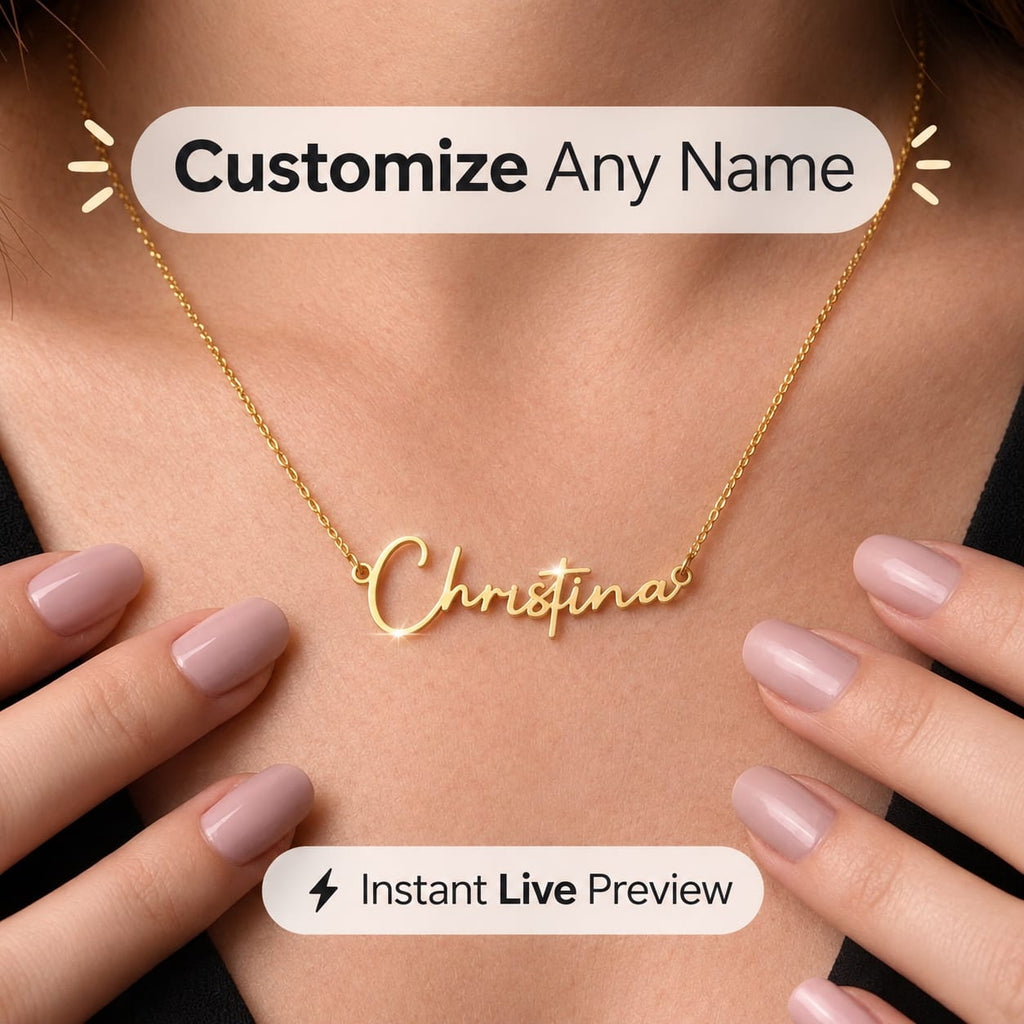 A close-up of a woman wearing a gold script name necklace that reads 'Christina' on a white background with promotional text overlays reading 'Customize Any Name' and 'Instant Live Preview'.